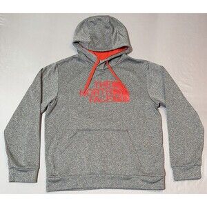 North Face Hoodie Men’s Large Pullover Sweatshirt Gray Red Logo Kangaroo Pocket
